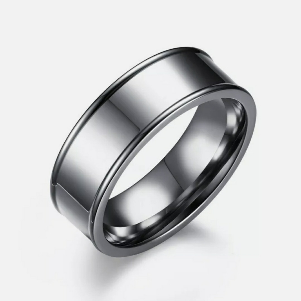 Silver Stainless Steel Ring 8mm Band Shiny Raised Edge Unique Beveled Edges
